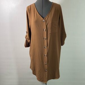 Zenana Dress Women Size S Brown Large Button Front Pocket Tab Sleeves
